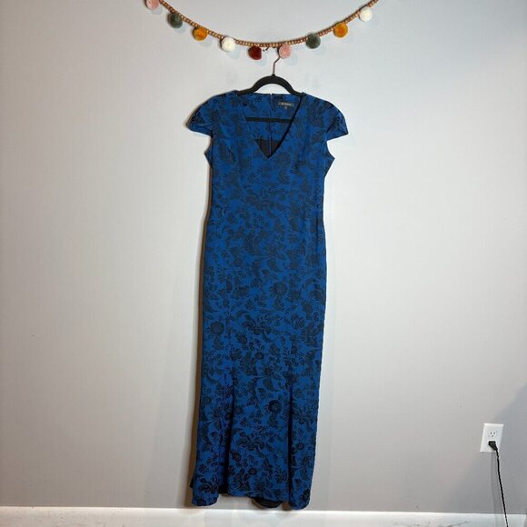 Zac Posen blue and black floral jacquard cap sleeve gown - Picture 2 of 5